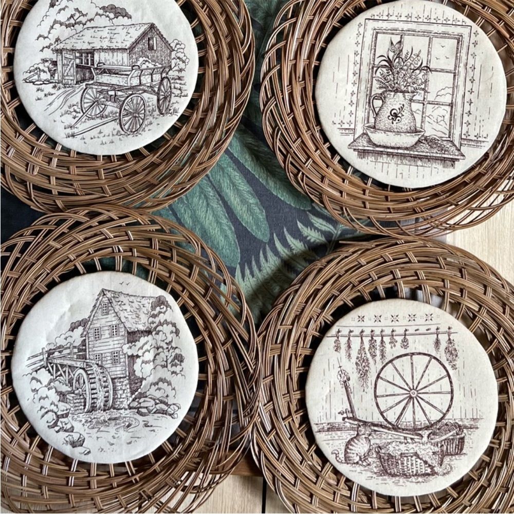 Vintage 1970s Fabric Wall Plaques With Wicker Framing Set 6 Farmhouse Country - Picture 3 of 9